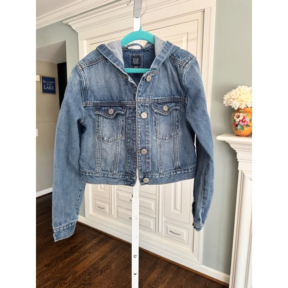 Gap Kids Girls Denim Jean Jacket with Hood Blue Medium Wash Size Large 10‎ 12
